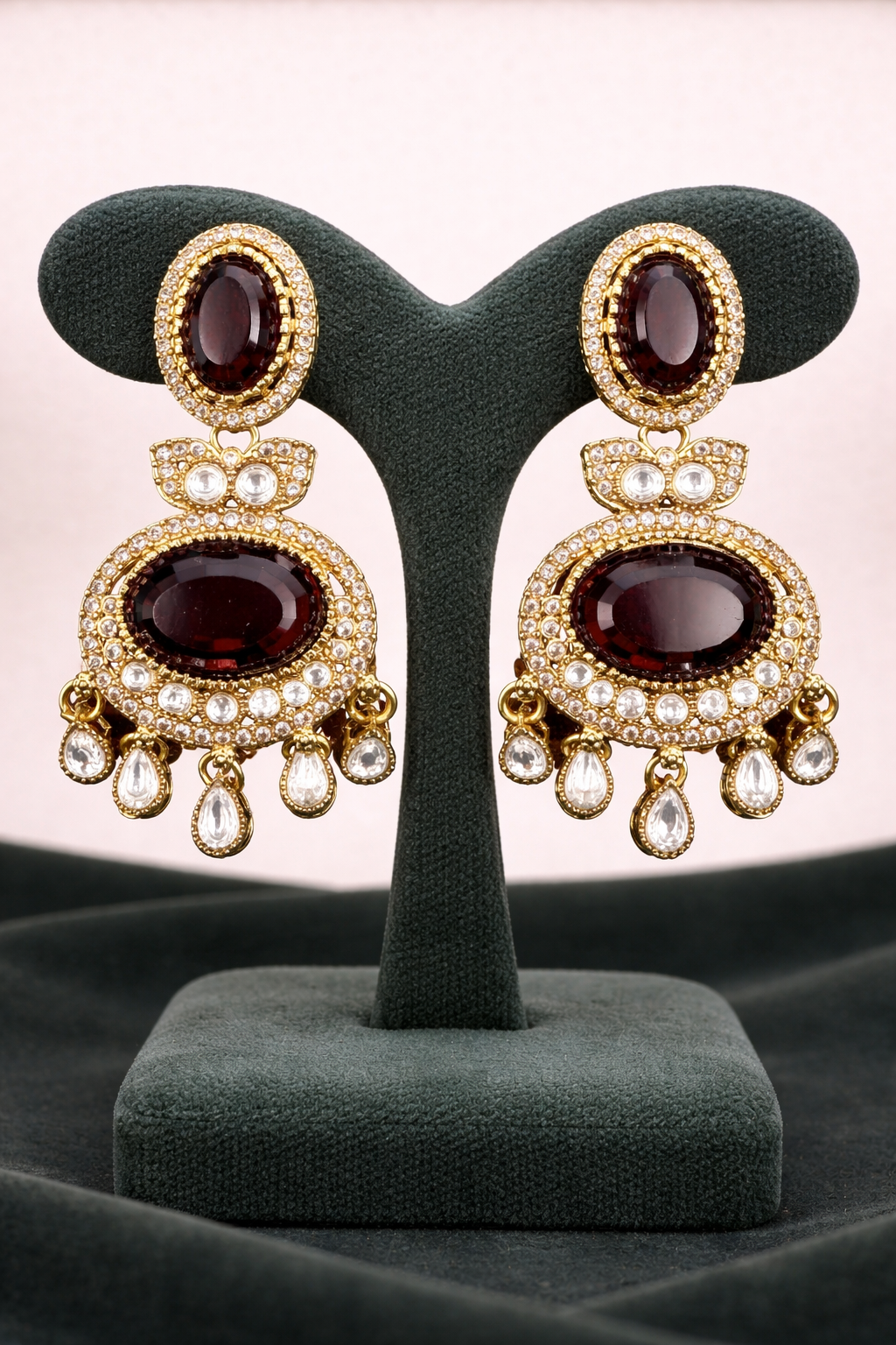 Royal Garnet Oval Kundan Drop Earrings