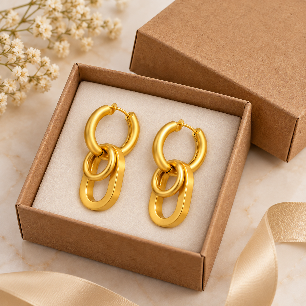 Geometric Interlocking Link Dangler Hoop Golden Earrings