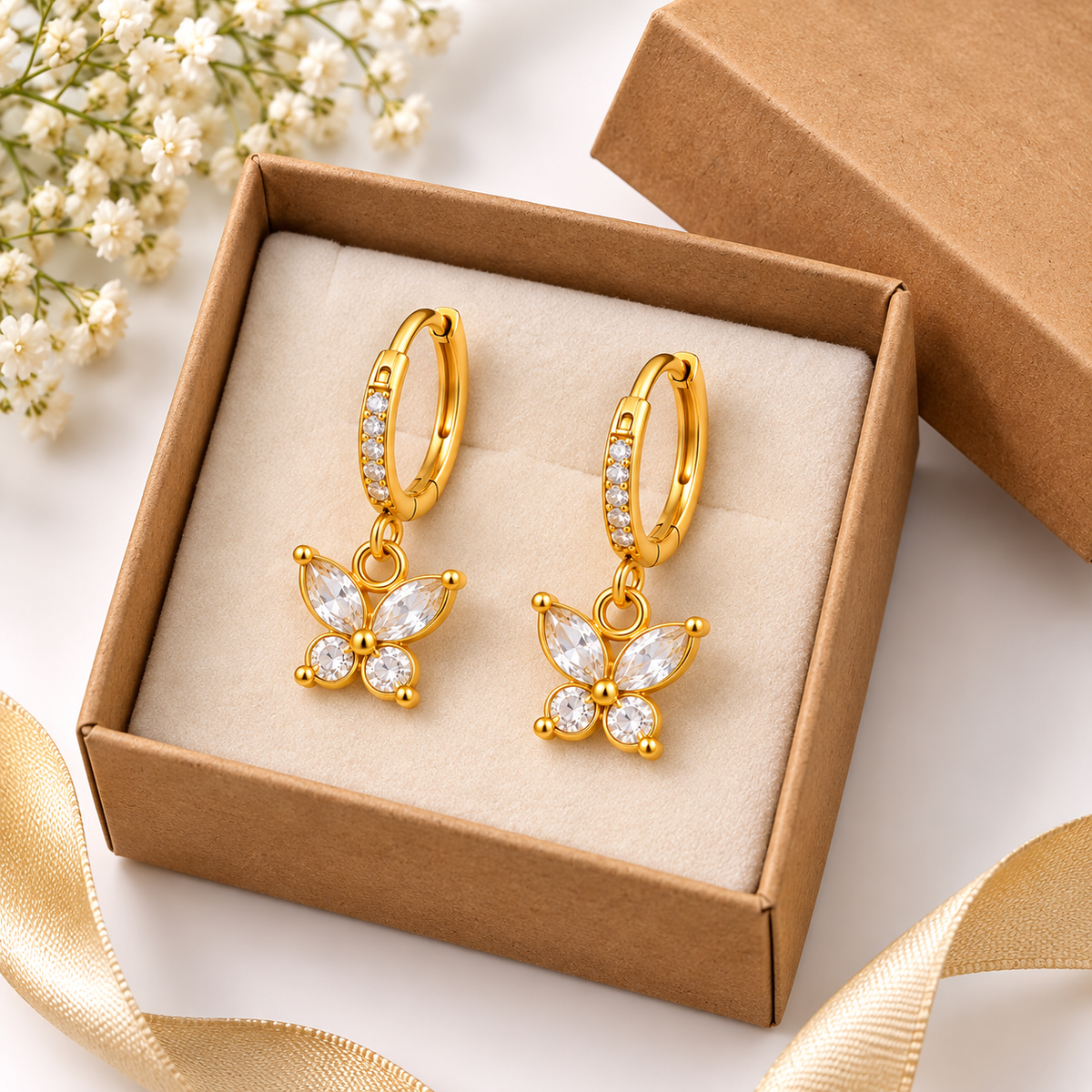 Golden Butterfly Hoop Dangle Earrings