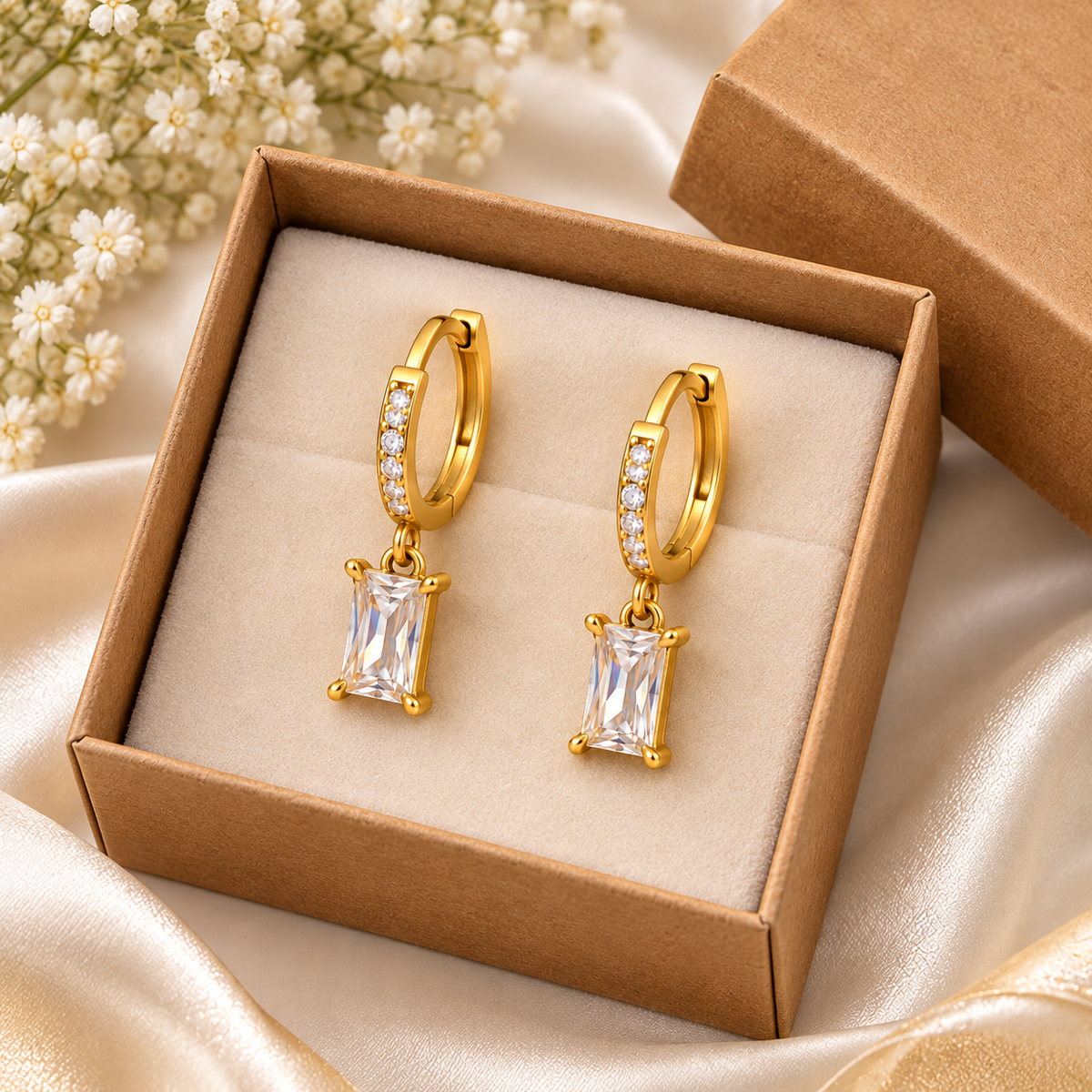 Golden Baguette Stone Hoop Dangle