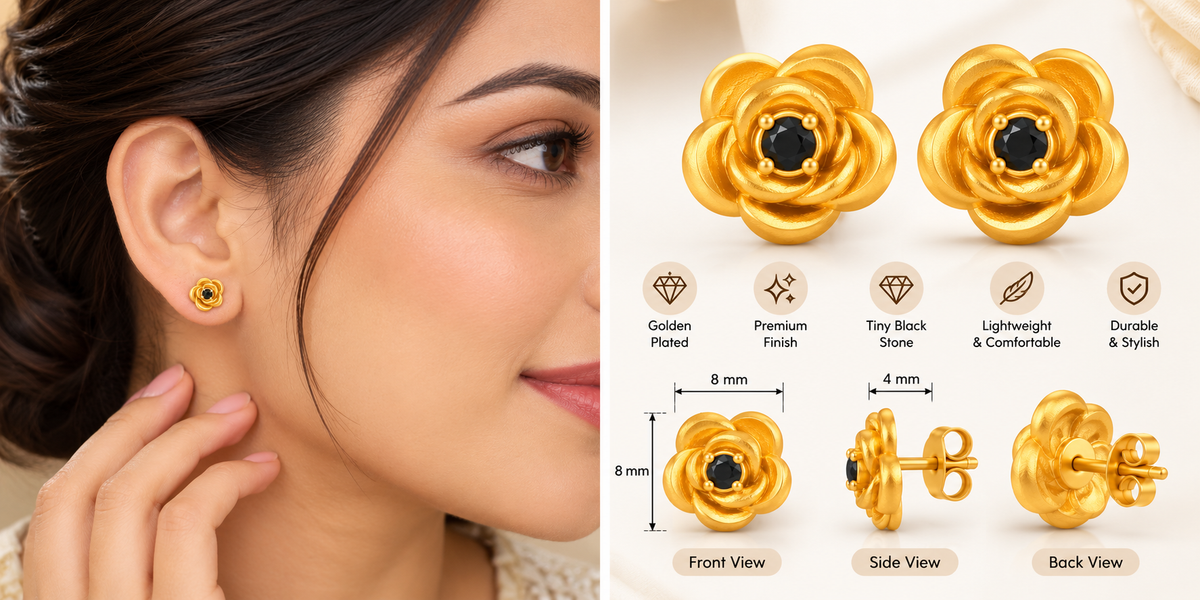 Golden Rose Floral Stud Earrings with Black Center Stone