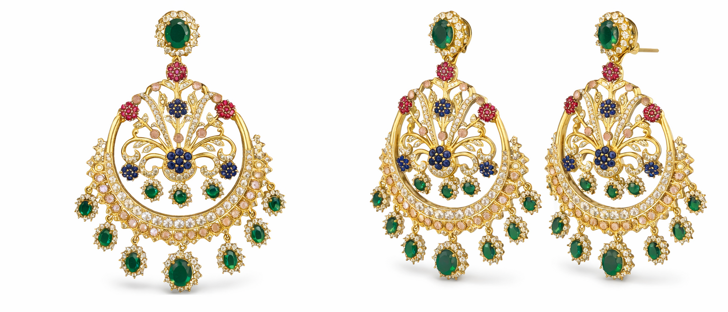 Emerald green, ruby pink & sapphire blue stone combination Earrings- Intricate filigree and floral detailing- Gold-plated