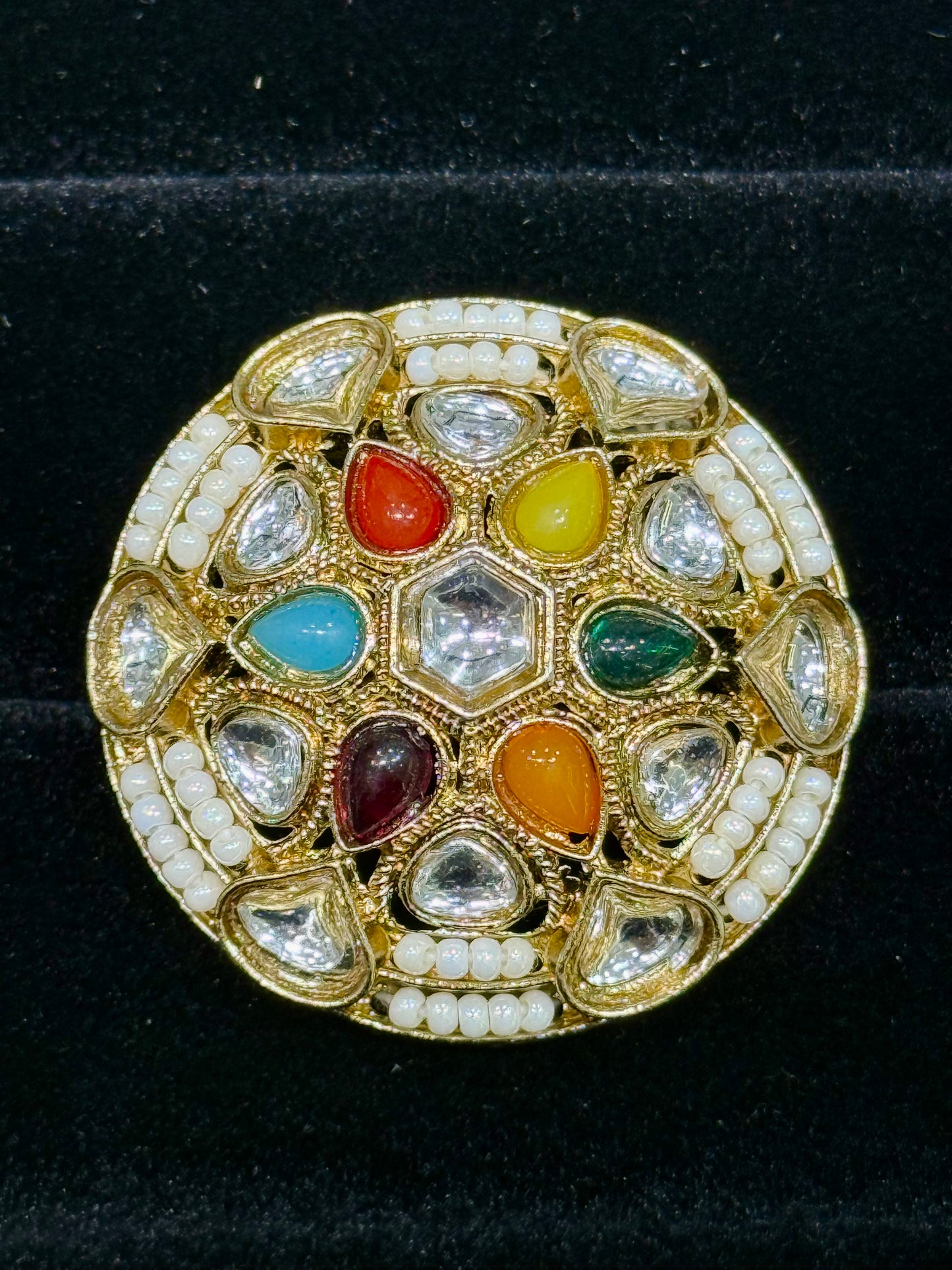 Traditional Indian Kundan Navratna Ring with golden plating and intricate craftsmanship