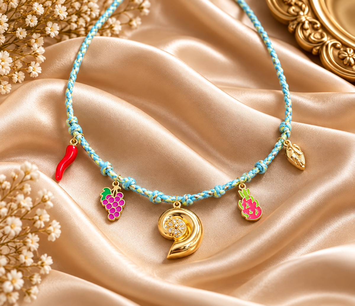 Gold-Tone Woven Thread Moon and Colorful Fruit Charm Necklace