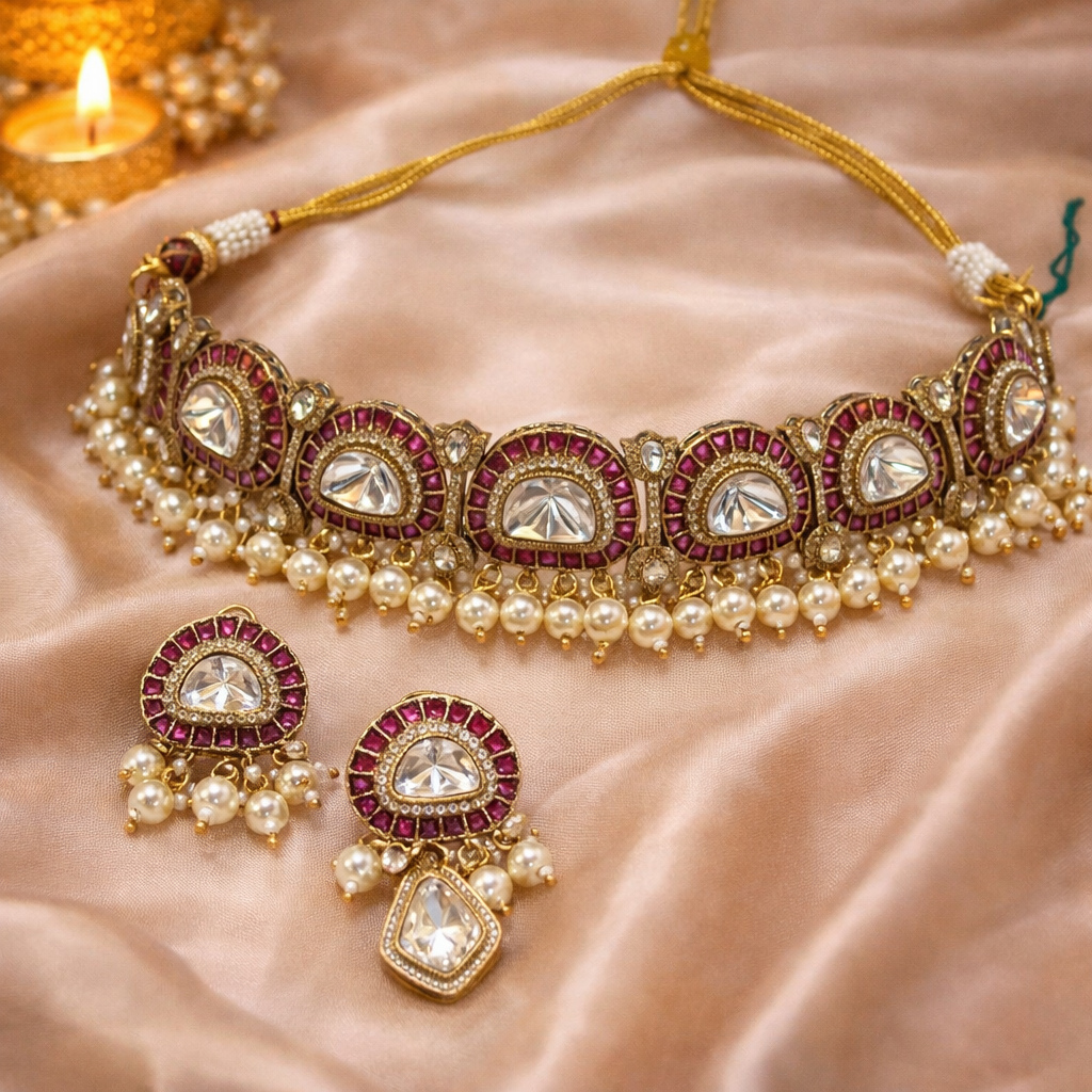 Rajsi Polki Pearl Choker Necklace Set