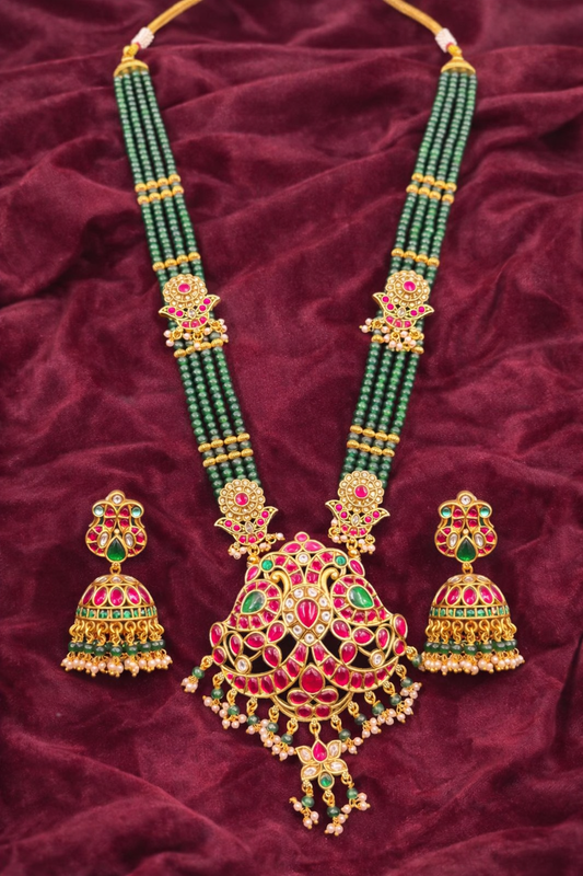 Rajasvi Paachi Kundan Rani Haar Set with Green Beads Mala