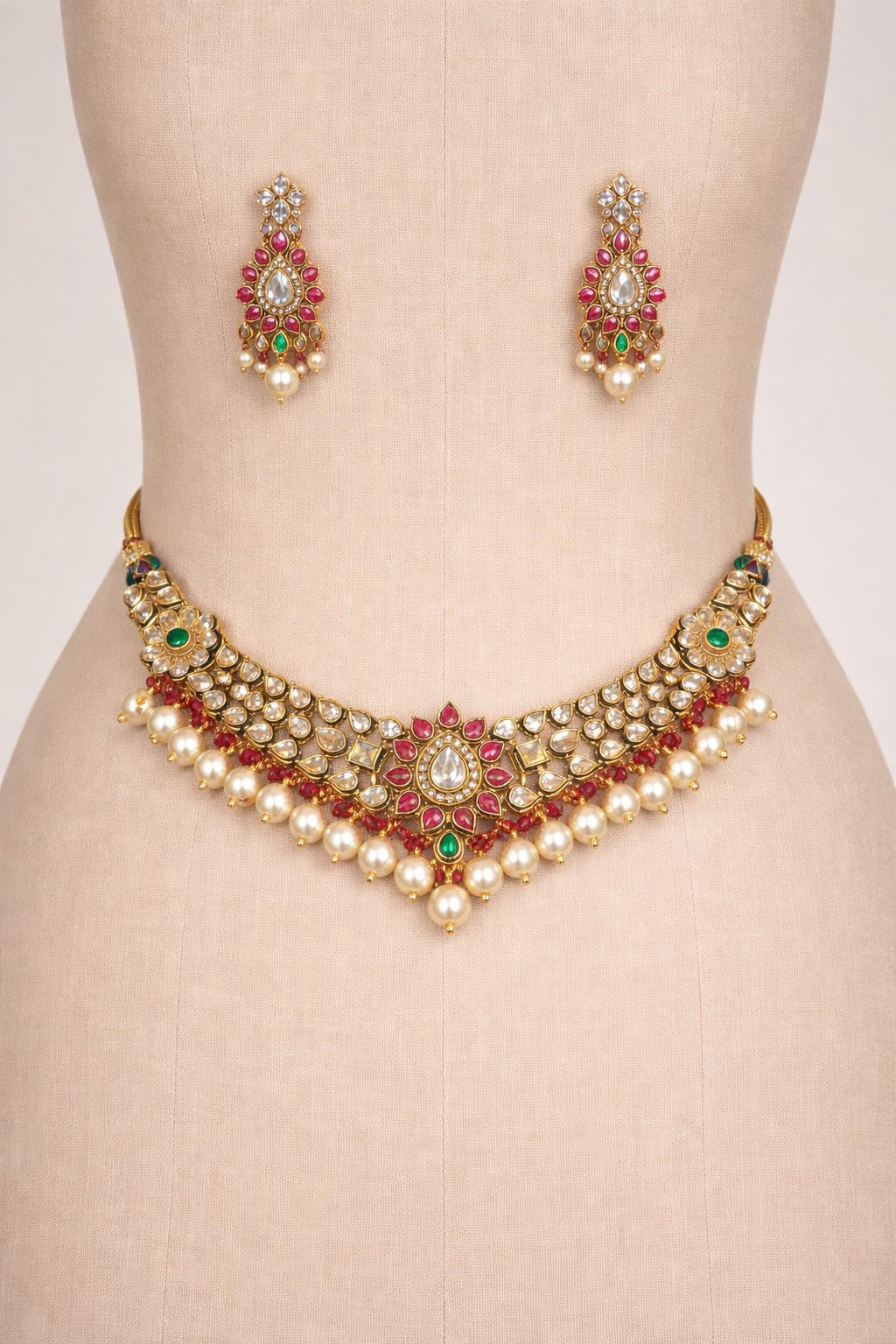 Royal Pearl Kundan Necklace Set with matching earrings.