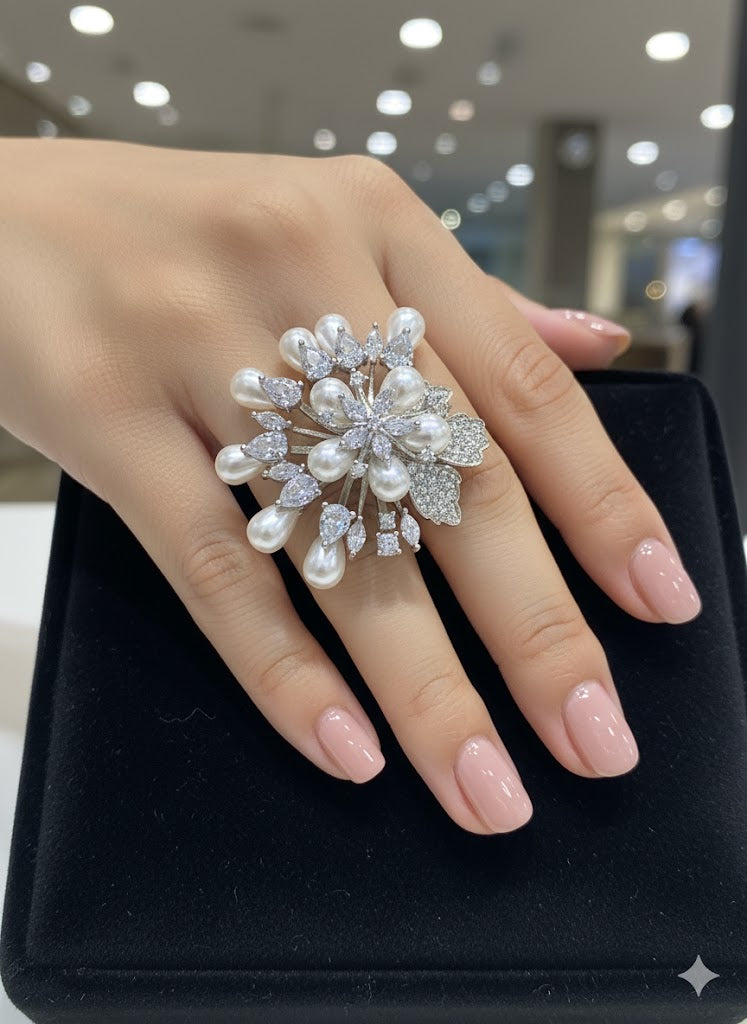 Silver plated ring with pearls and stones flower shaped