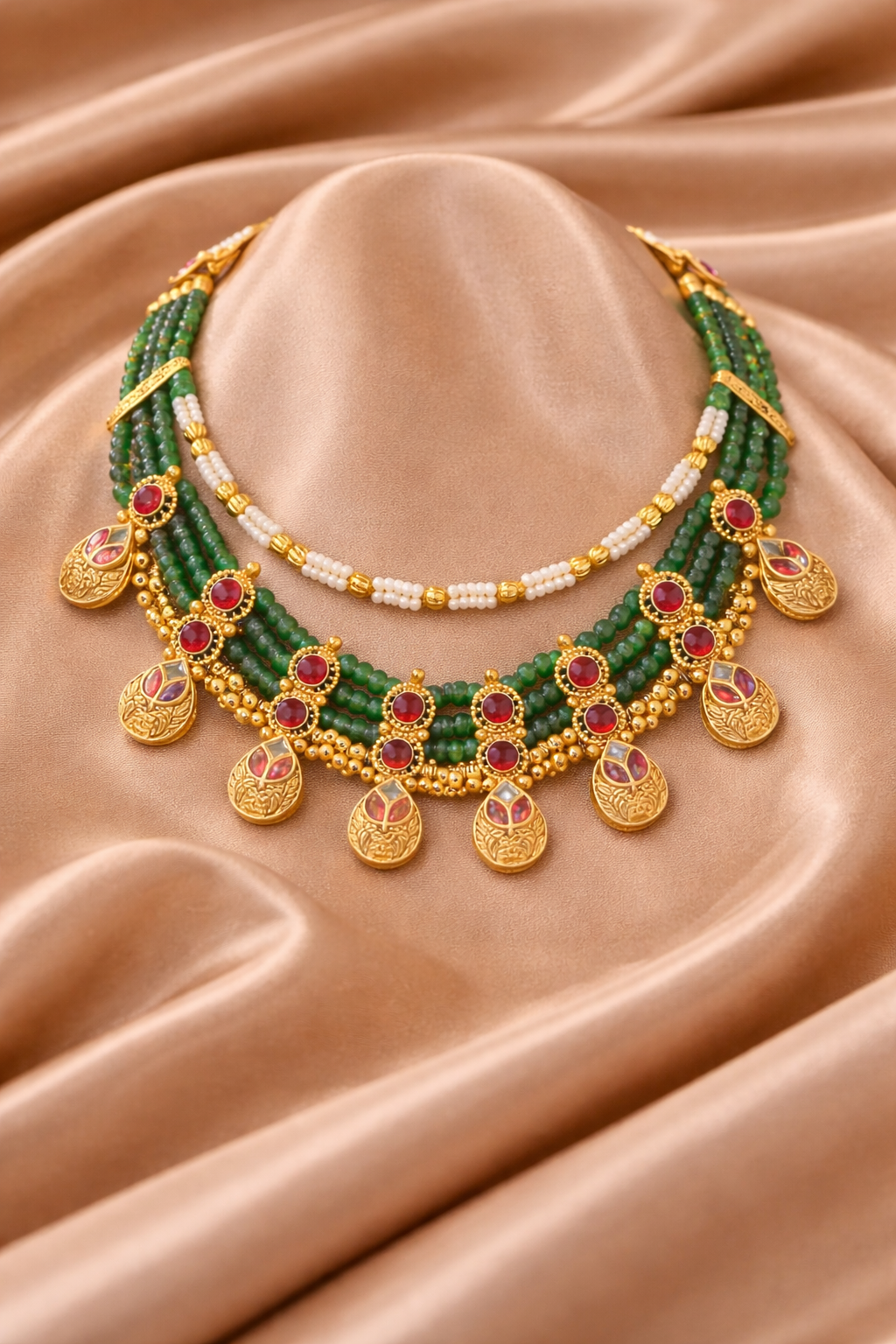 Vrinda Emerald Pearl Layered Necklace