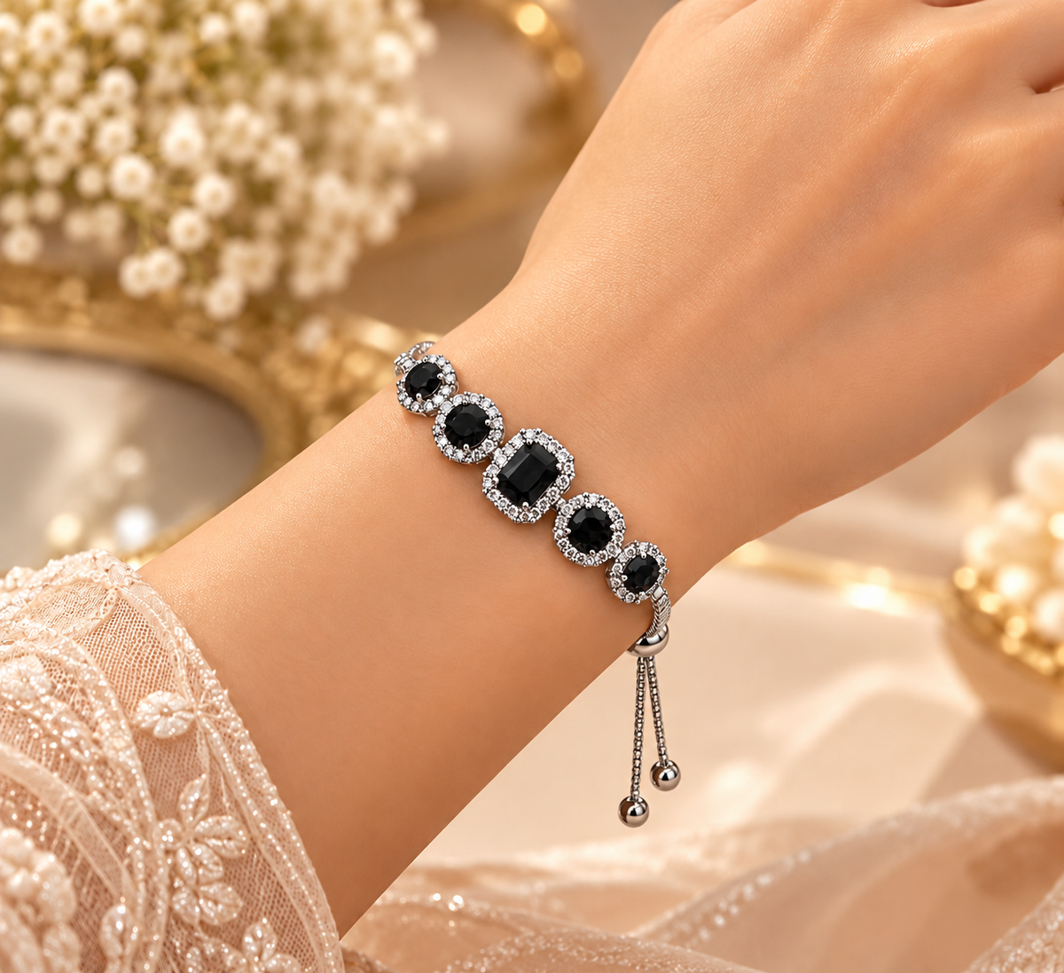 Silver-Tone Oval Crystal Halo Bracelet for Women – Adjustable Slider Chain