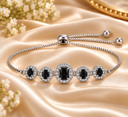 Silver-Tone Oval Crystal Halo Bracelet for Women – Adjustable Slider Chain