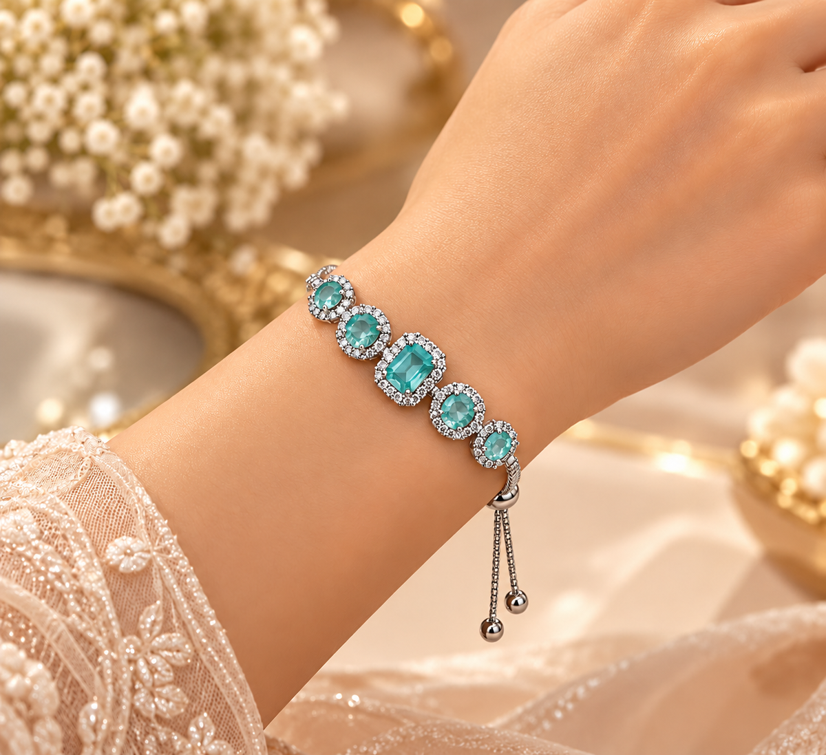 Silver-Tone Oval Crystal Halo Bracelet for Women – Adjustable Slider Chain