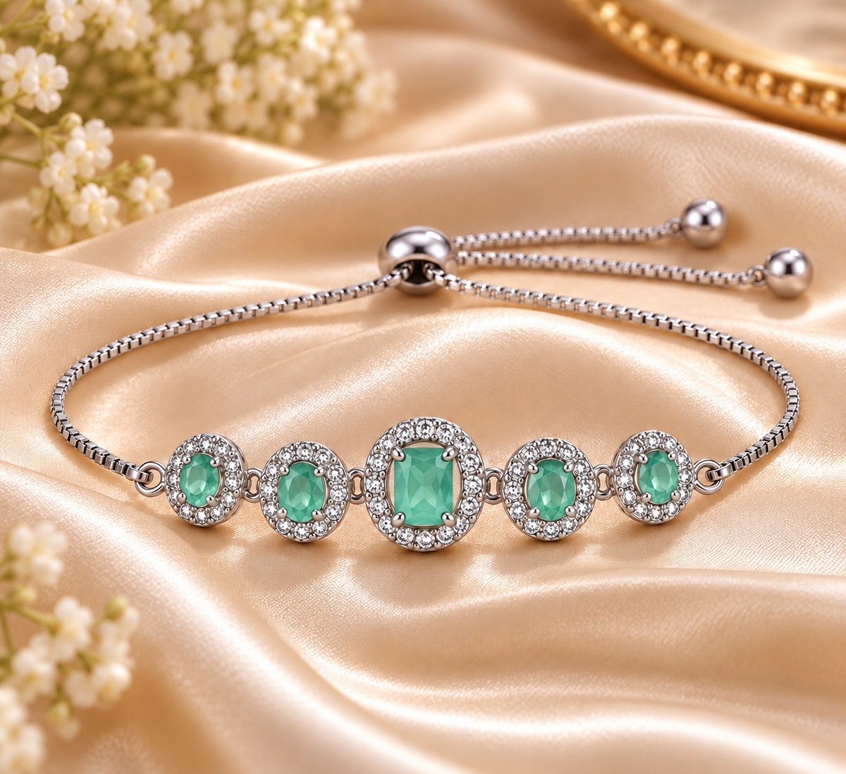 Silver-Tone Oval Crystal Halo Bracelet for Women – Adjustable Slider Chain