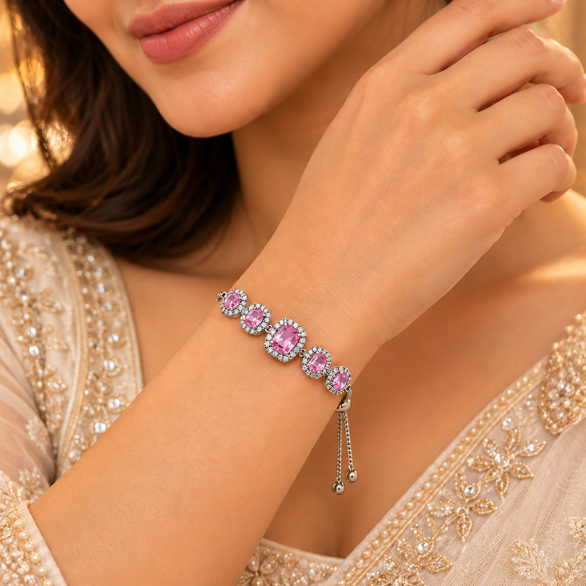 Silver-Tone Oval Crystal Halo Bracelet for Women – Adjustable Slider Chain