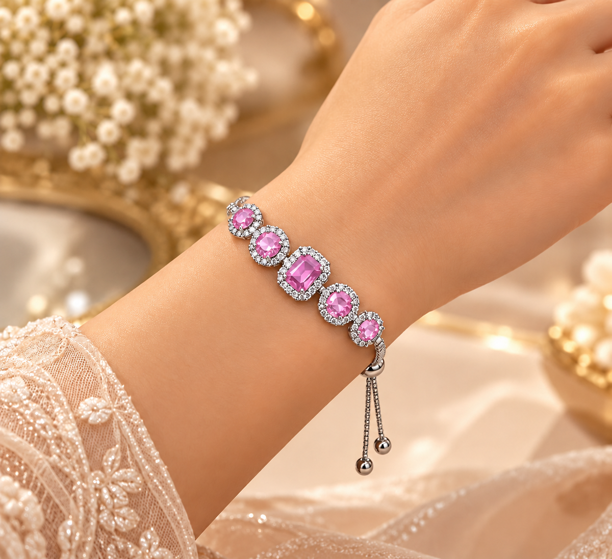 Silver-Tone Oval Crystal Halo Bracelet for Women – Adjustable Slider Chain