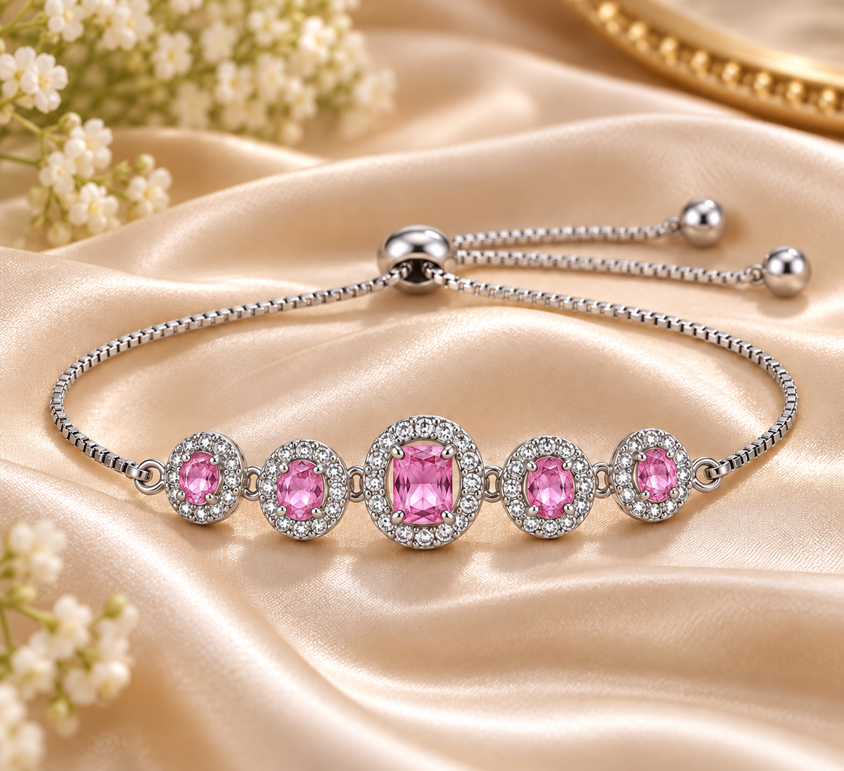 Silver-Tone Oval Crystal Halo Bracelet for Women – Adjustable Slider Chain