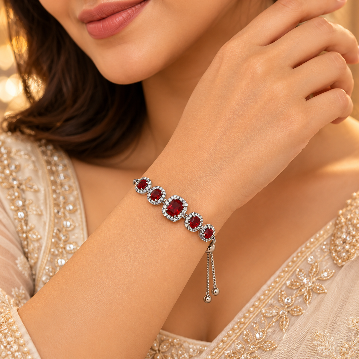 Silver-Tone Oval Crystal Halo Bracelet for Women – Adjustable Slider Chain