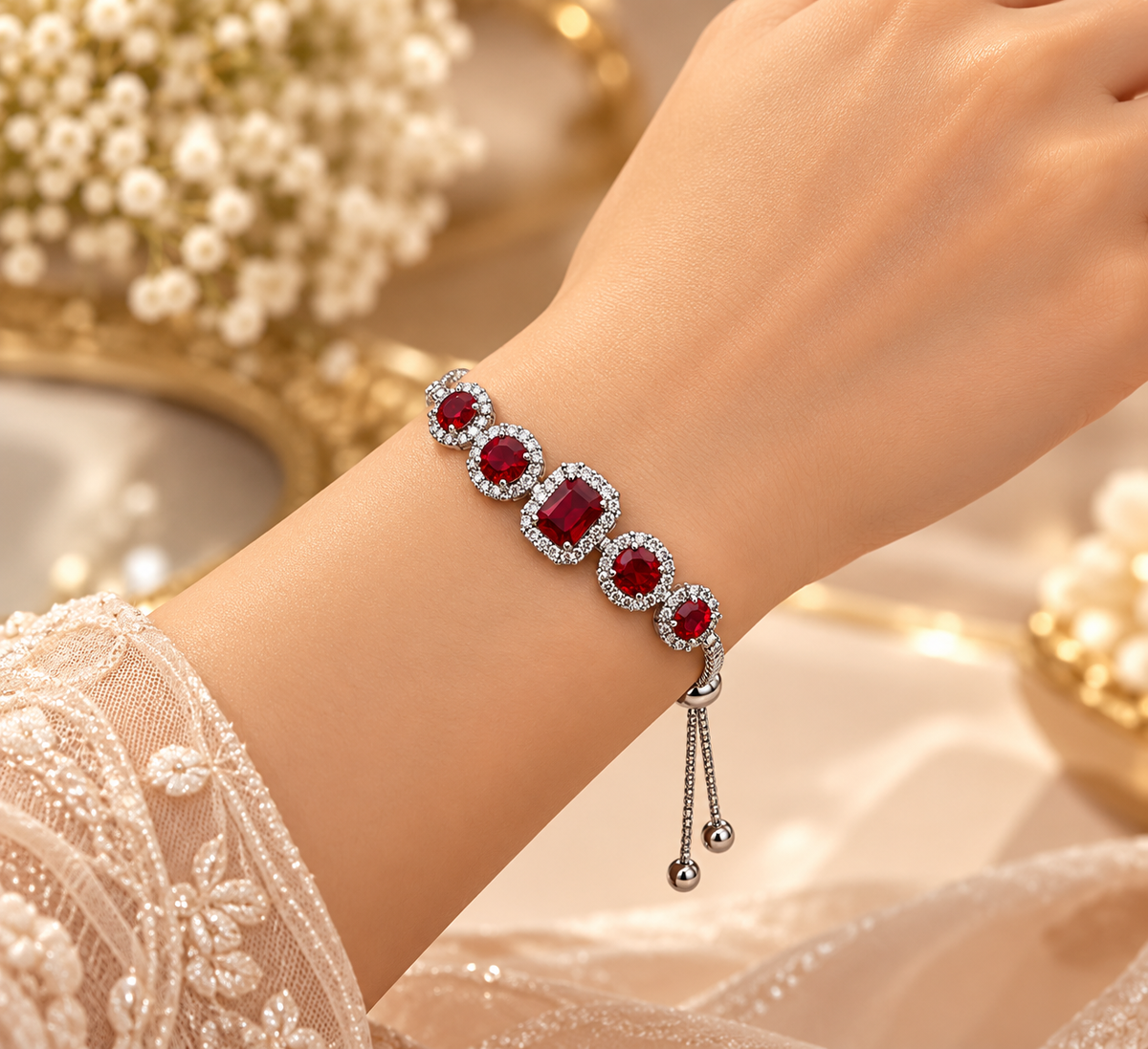 Silver-Tone Oval Crystal Halo Bracelet for Women – Adjustable Slider Chain
