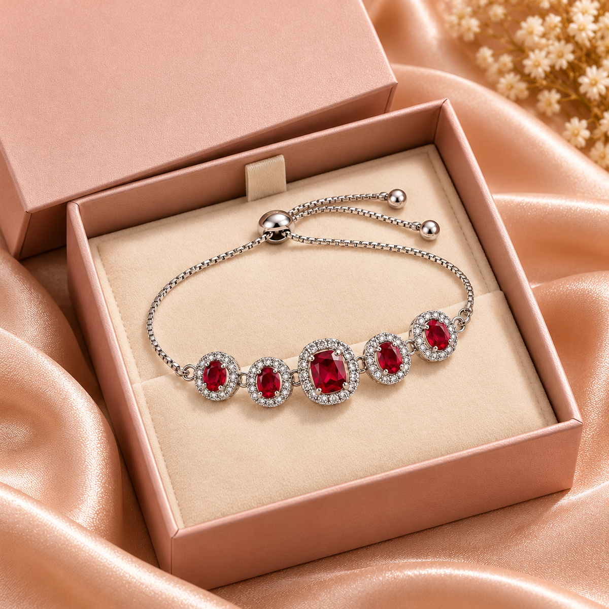 Silver-Tone Oval Crystal Halo Bracelet for Women – Adjustable Slider Chain