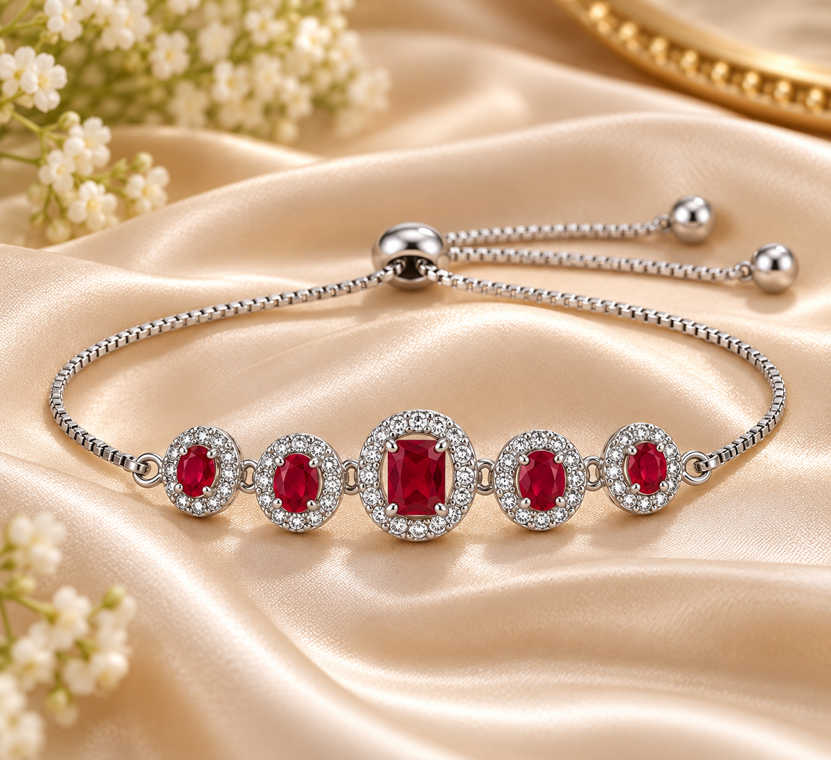 Silver-Tone Oval Crystal Halo Bracelet for Women – Adjustable Slider Chain