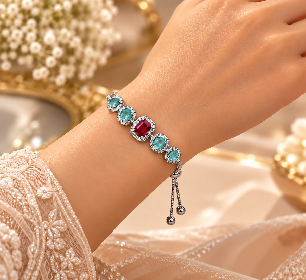 Silver-Tone Oval Crystal Halo Bracelet for Women – Adjustable Slider Chain