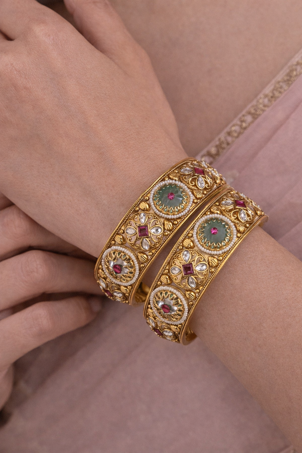 Meenakari Kundan Bracelet Set, royal Indian heritage jewellery. Antique gold-plated finish- Secure clasp
