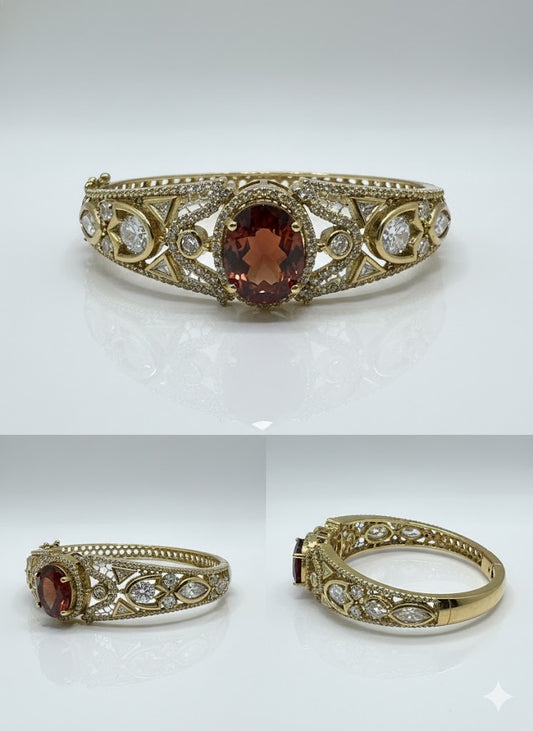 Golden mendipolish polki diamond bracelet with a central red gemstone and american diamonds
