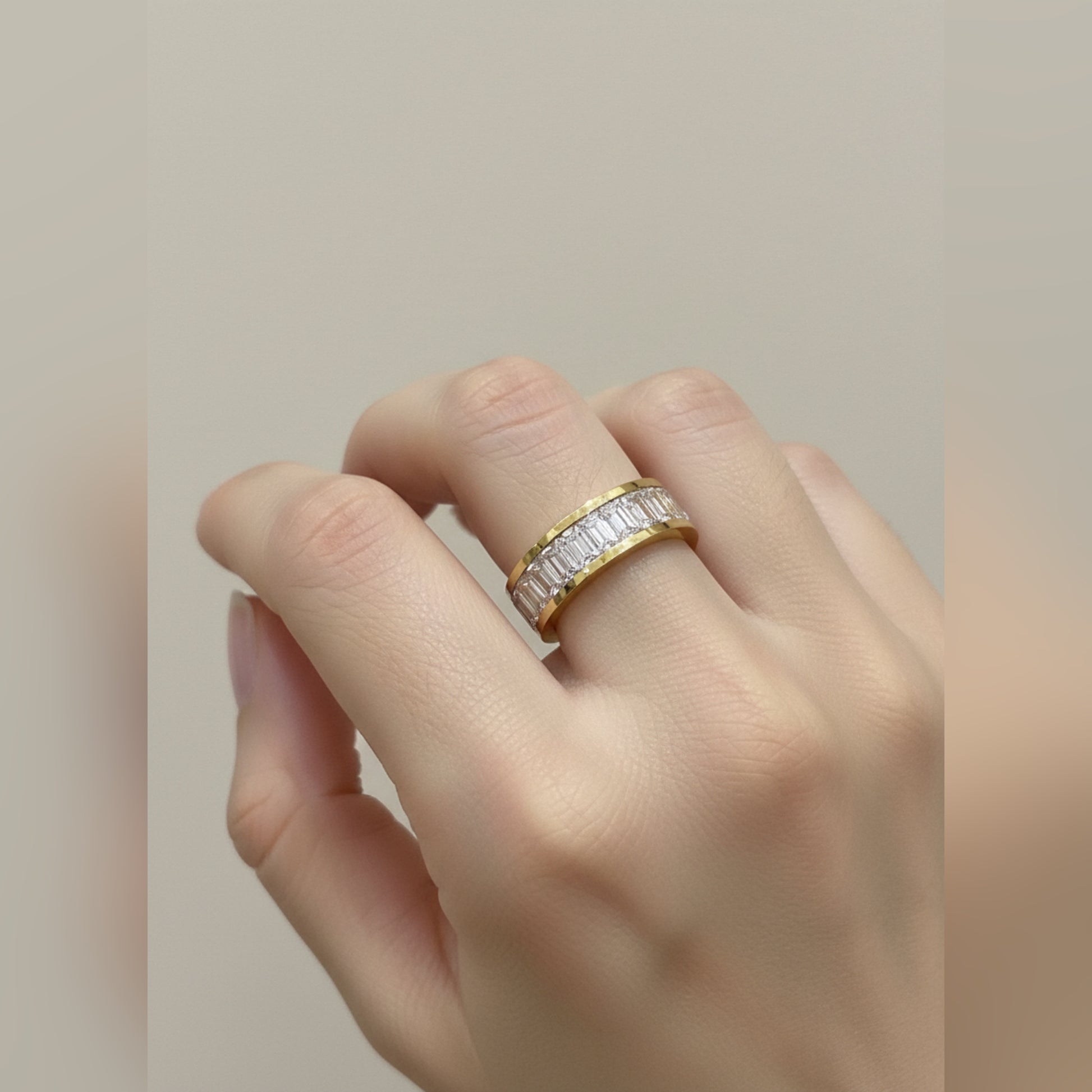 Gold plated eternity ring studded with cubic zirconia stones.