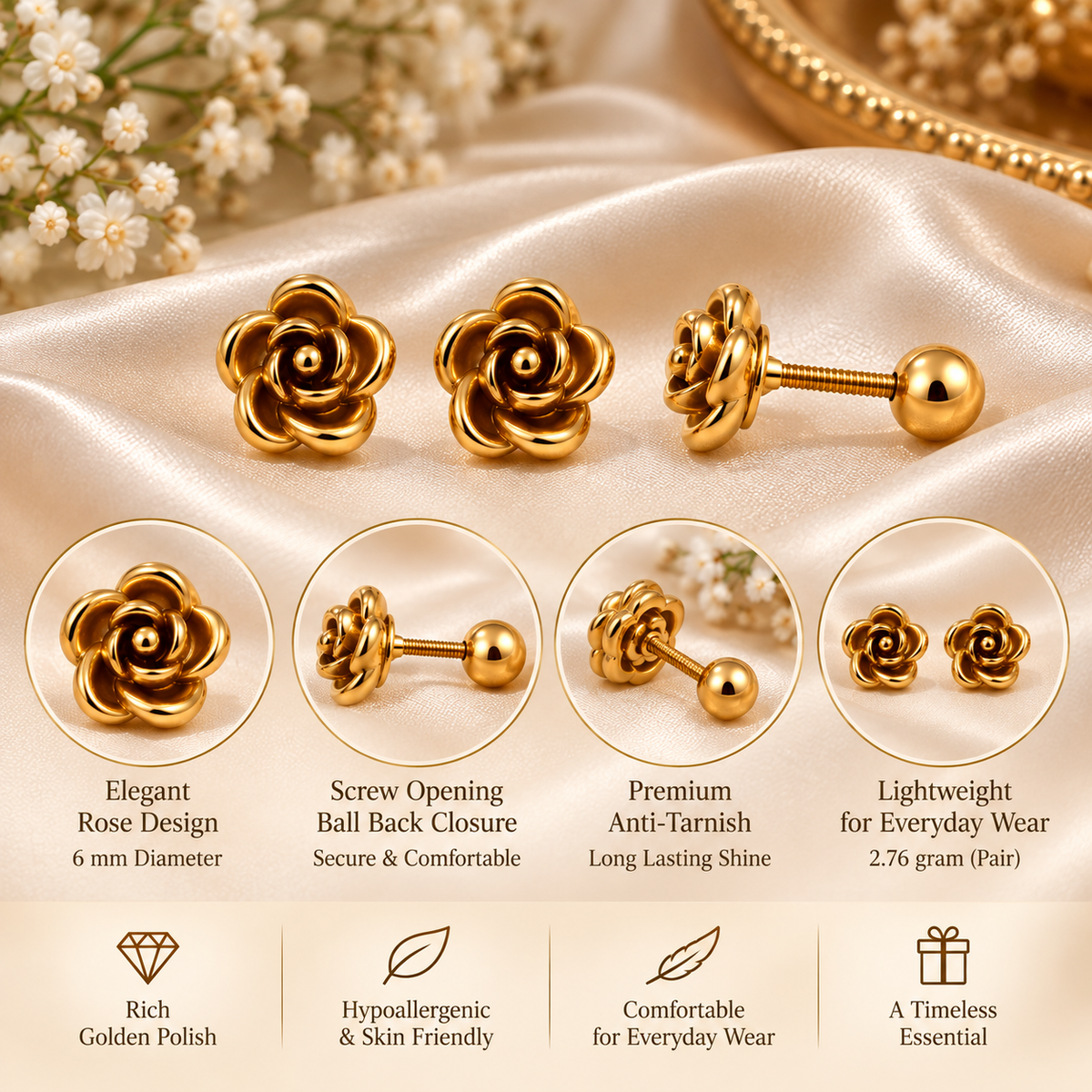 Golden Rose Stud Earrings