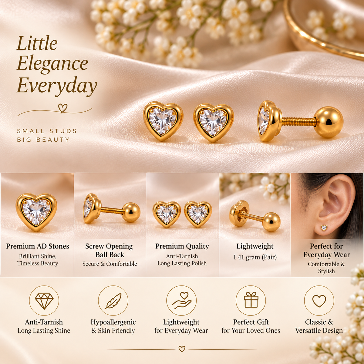 Golden Heart Stud Earrings