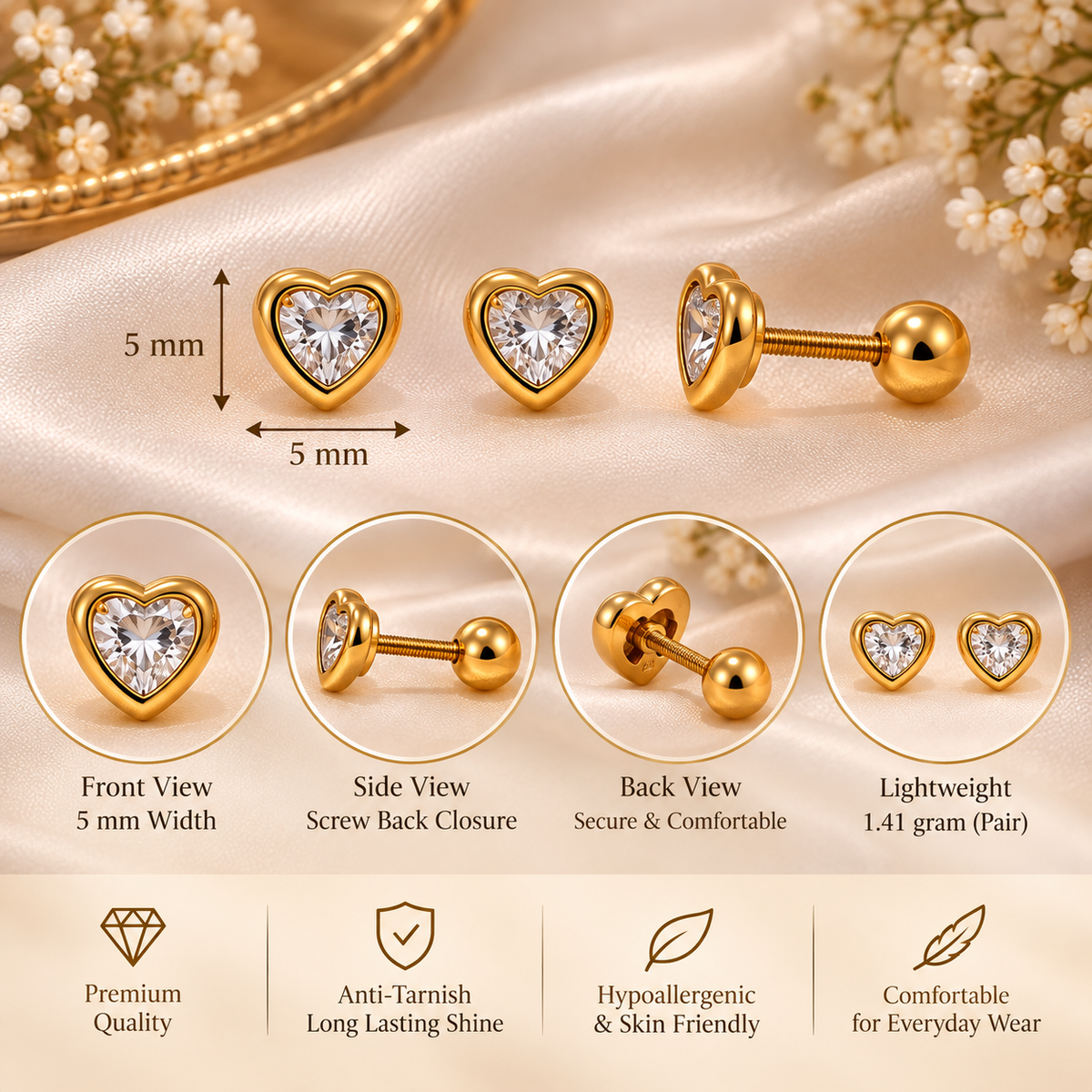 Golden Heart Stud Earrings