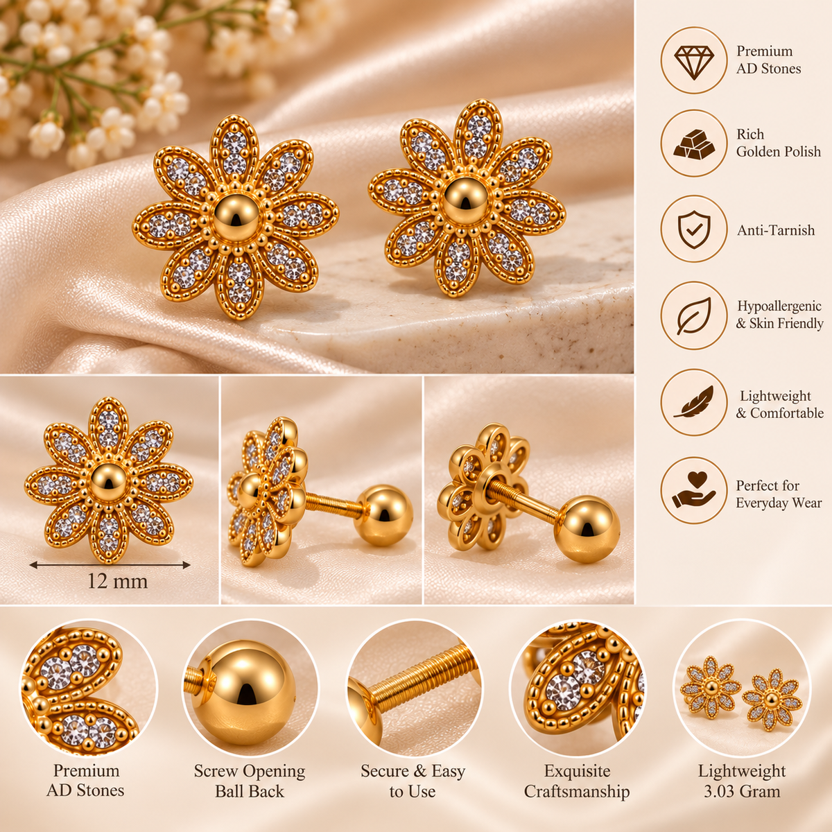 Golden Bloom Floral Stud Earrings