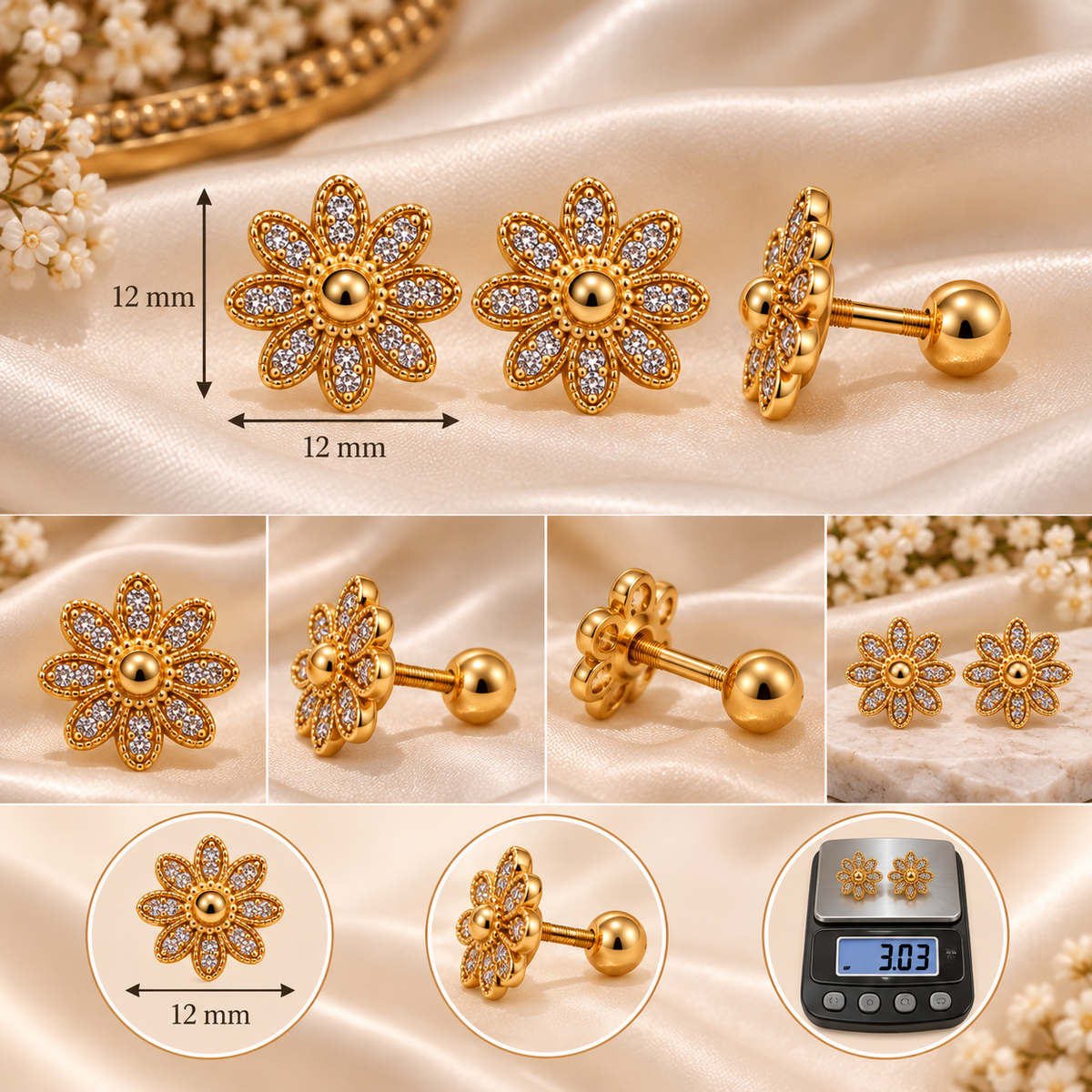 Golden Bloom Floral Stud Earrings