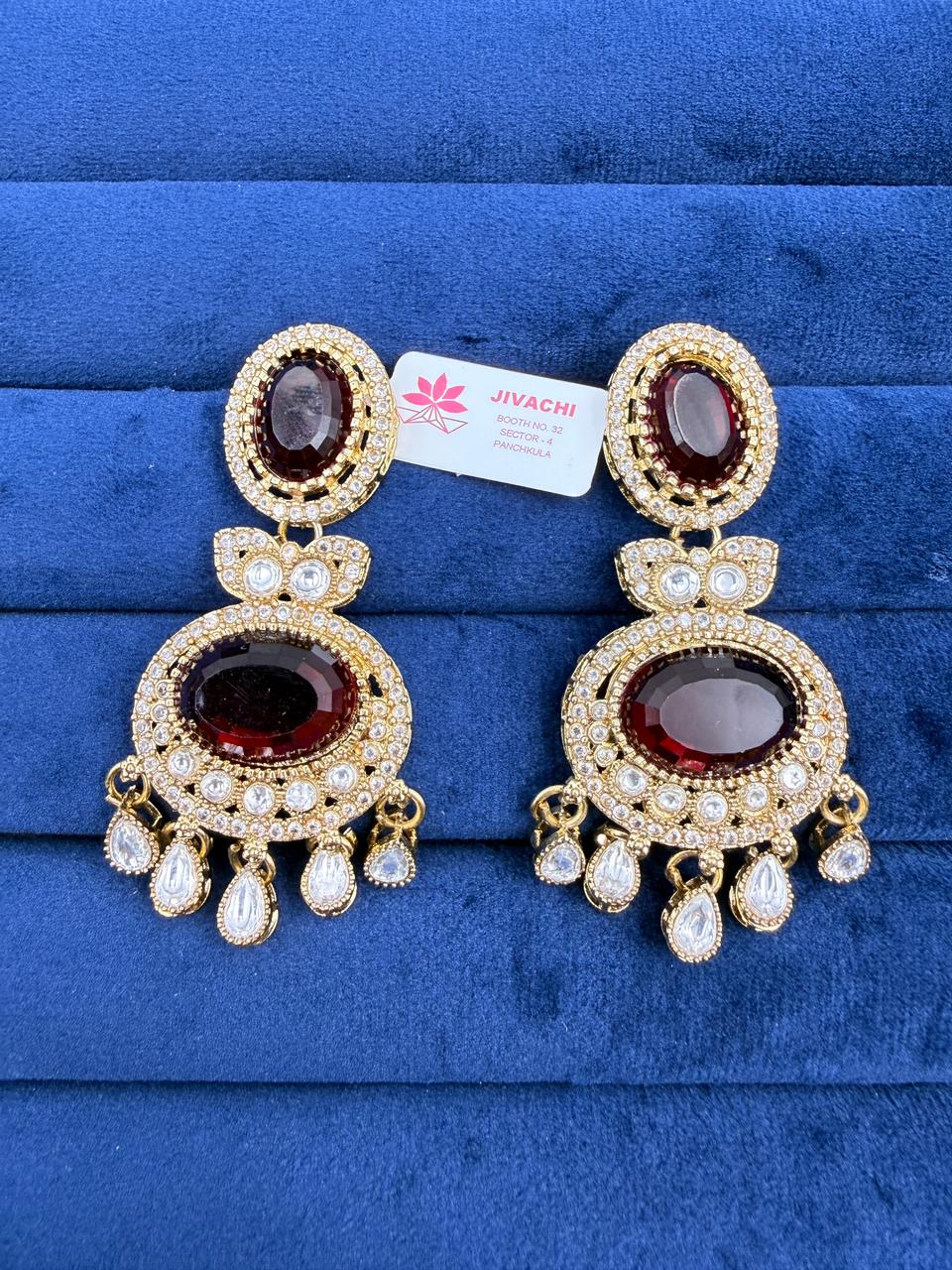 Royal Garnet Oval Kundan Drop Earrings
