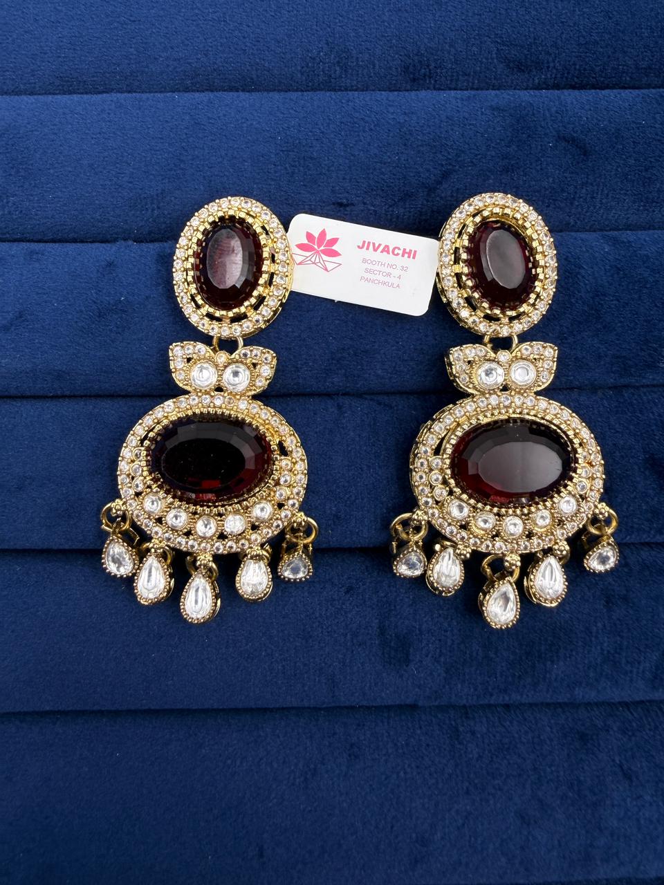 Royal Garnet Oval Kundan Drop Earrings