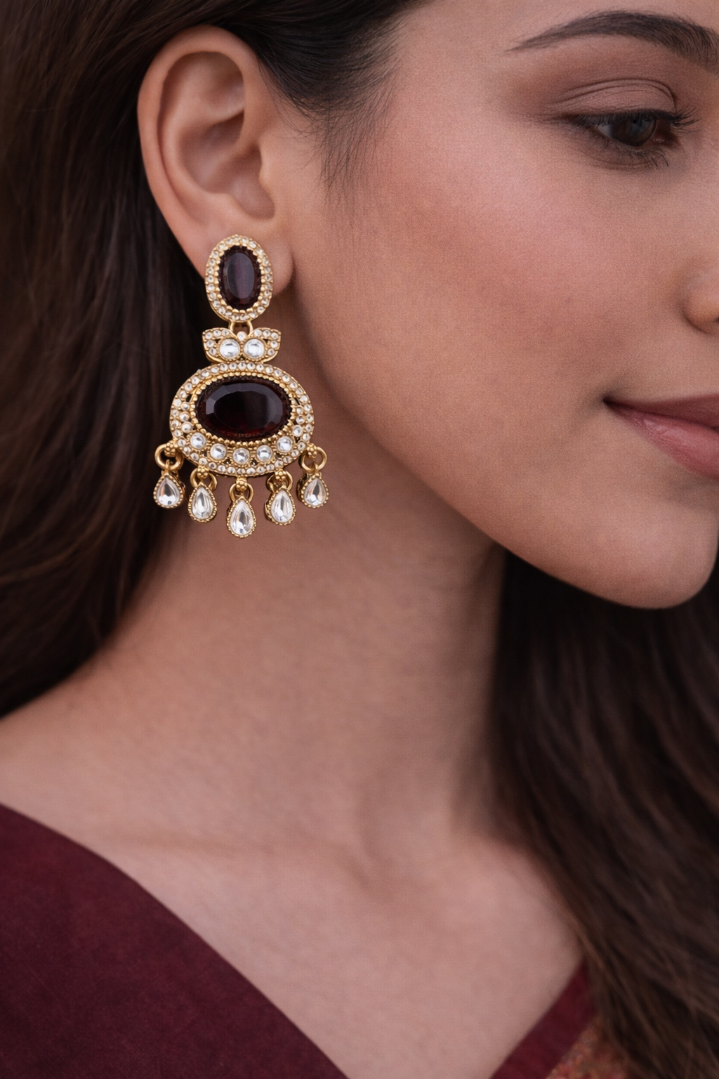 Royal Garnet Oval Kundan Drop Earrings