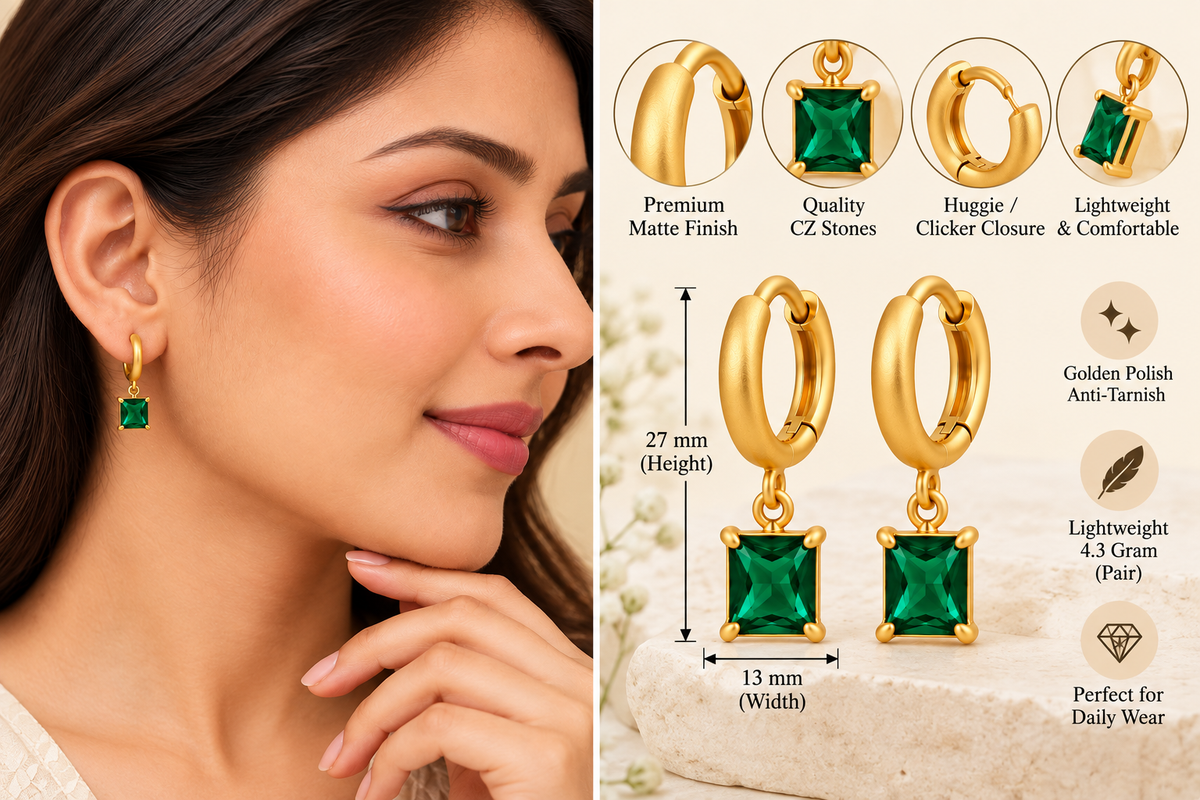 Emerald Green Stone Hoop Drop Earrings