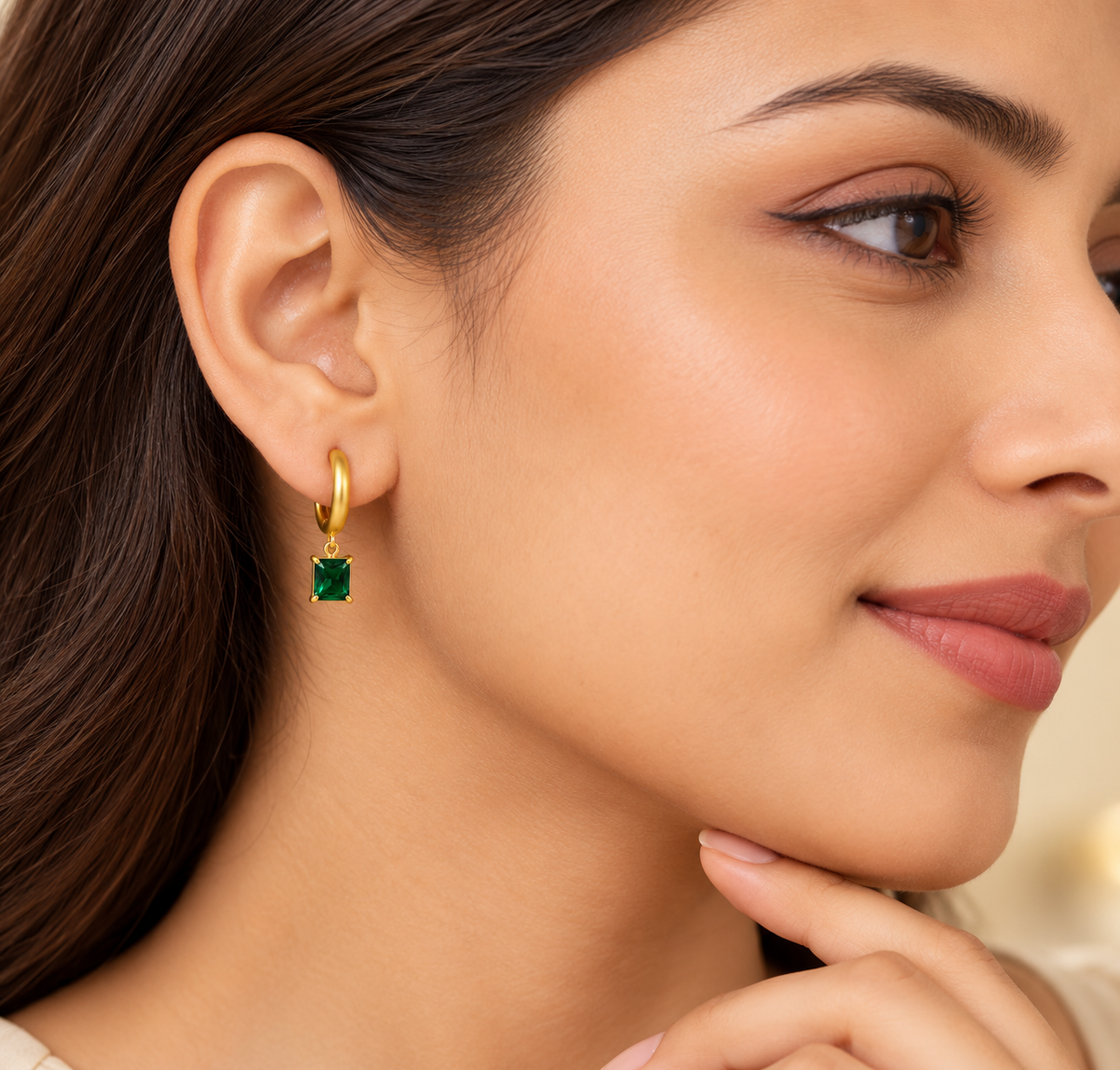 Emerald Green Stone Hoop Drop Earrings