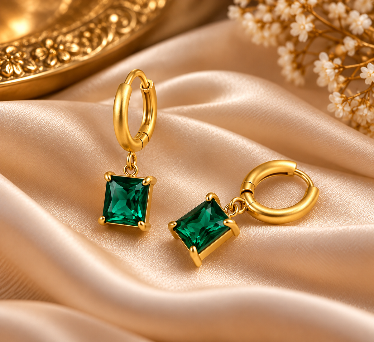 Emerald Green Stone Hoop Drop Earrings