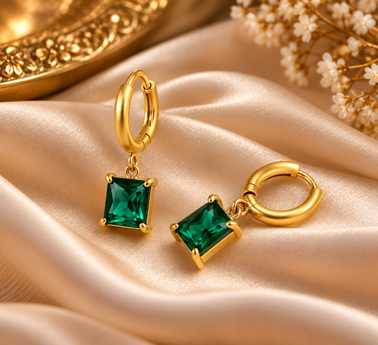 Emerald Green Stone Hoop Drop Earrings
