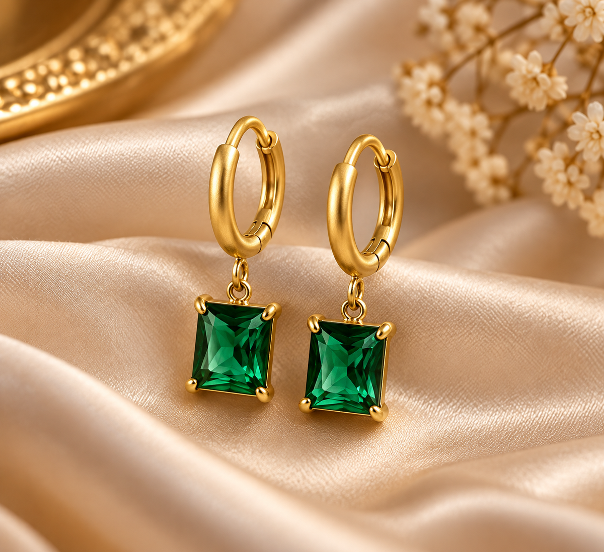 Emerald Green Stone Hoop Drop Earrings