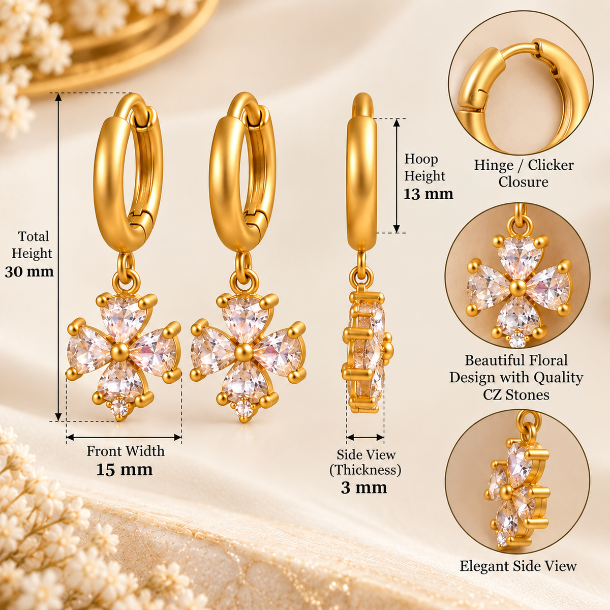 Floral CZ Hinge Hoop Earrings
