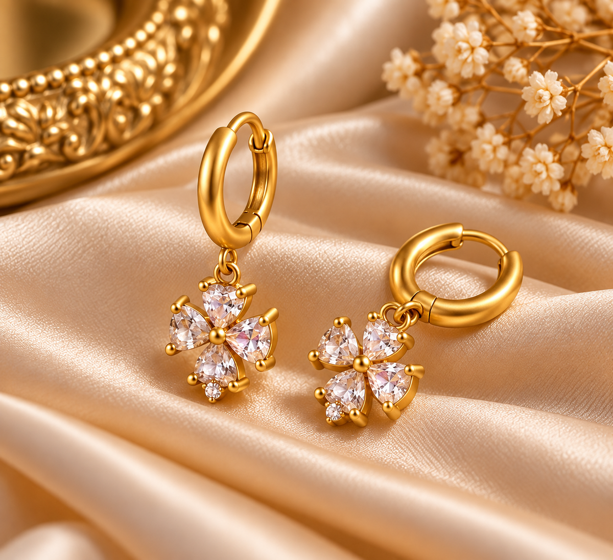 Floral CZ Hinge Hoop Earrings