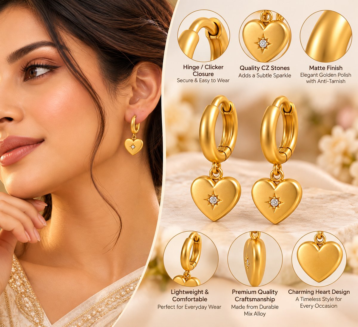 Anti-Tarnish Heart CZ Golden Drop Earrings