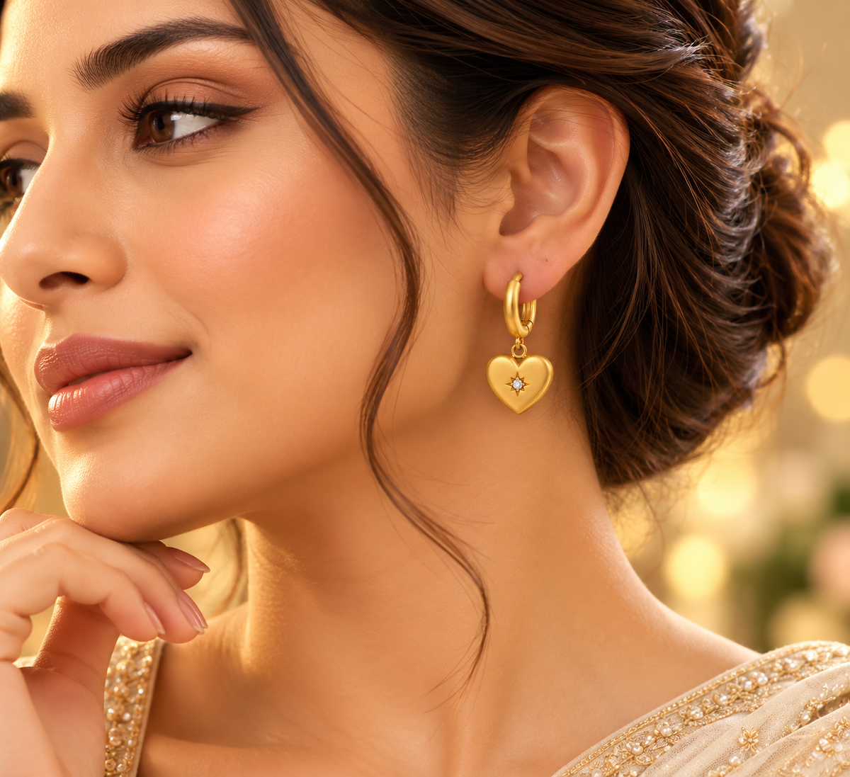 Anti-Tarnish Heart CZ Golden Drop Earrings
