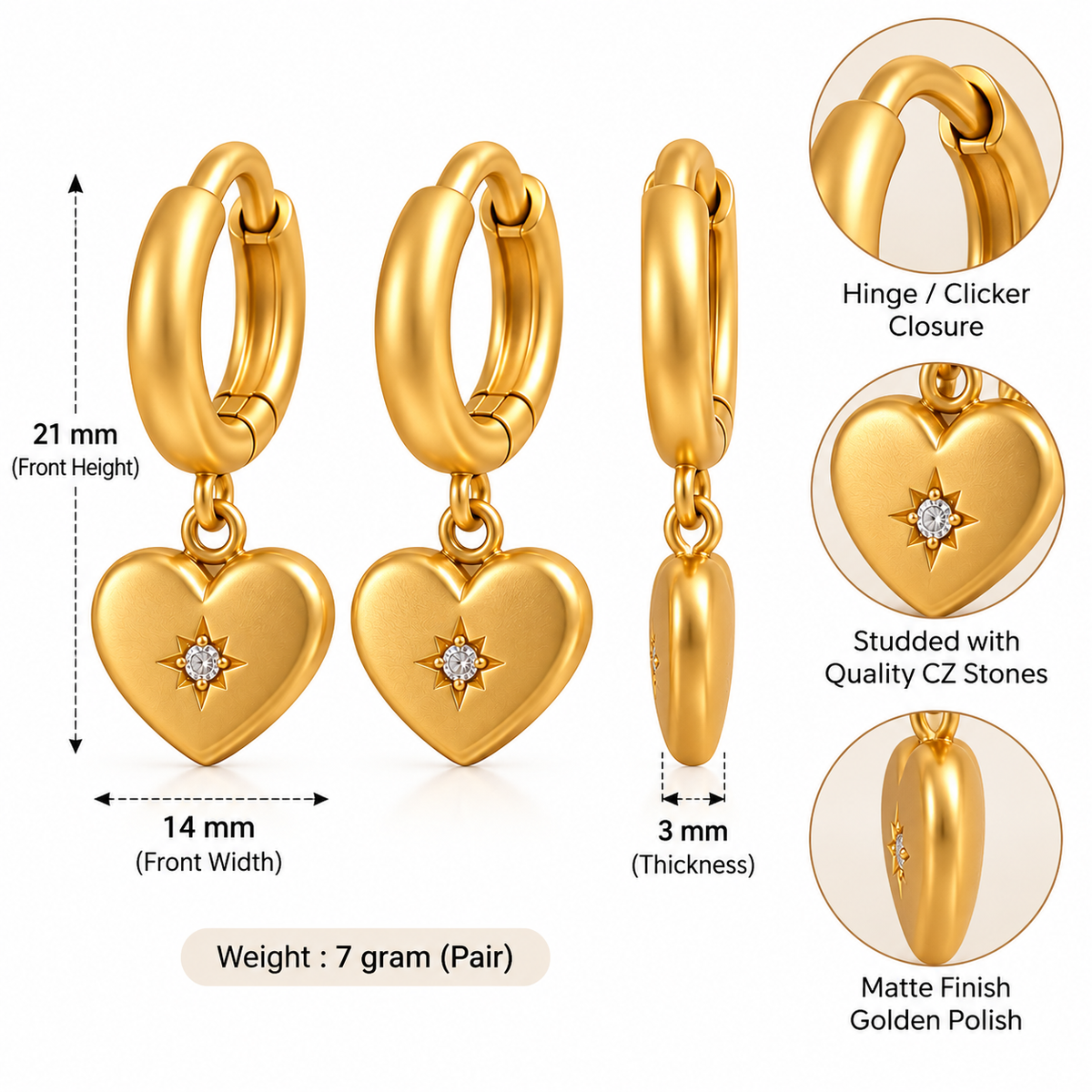 Anti-Tarnish Heart CZ Golden Drop Earrings