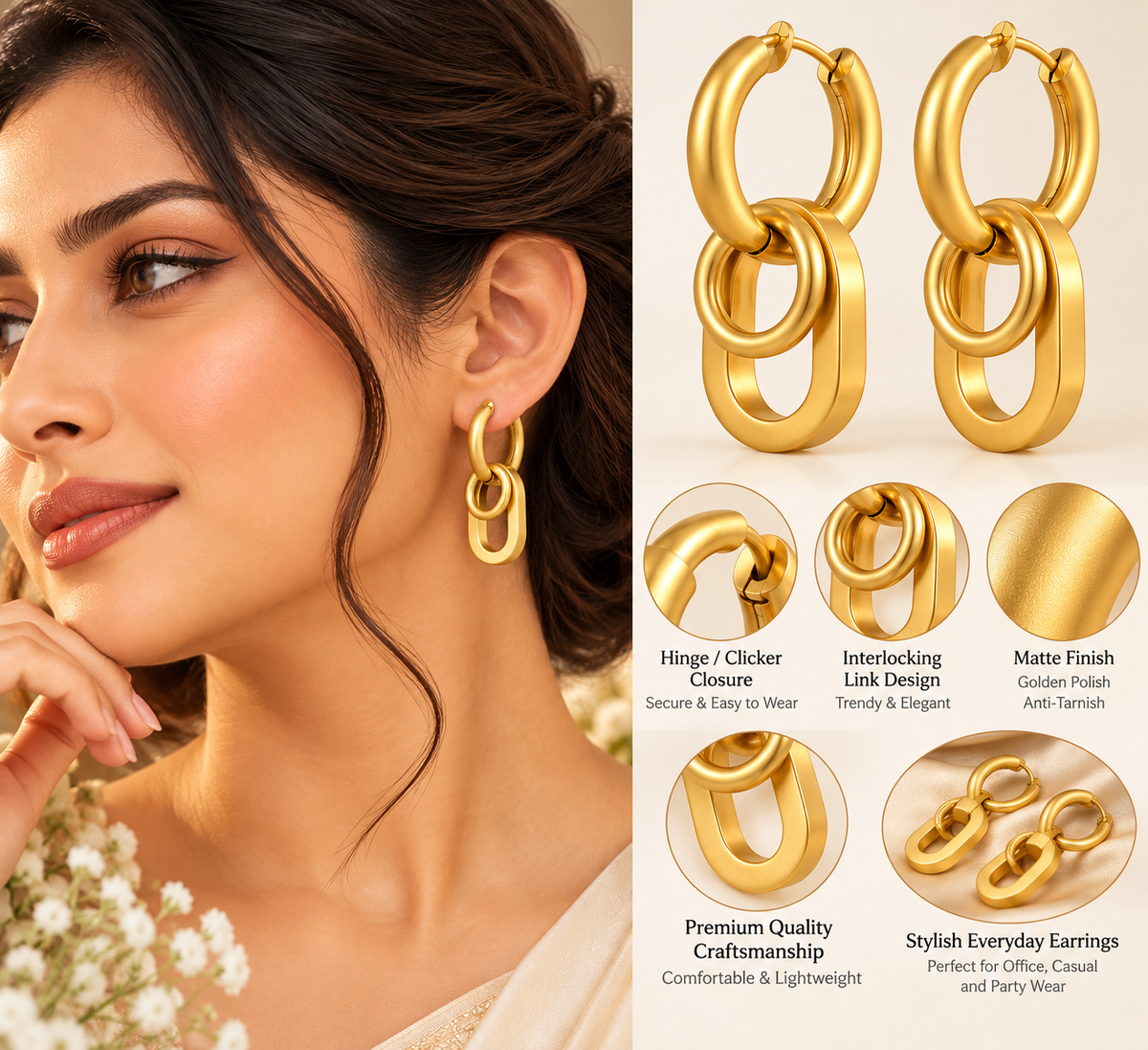 Geometric Interlocking Link Dangler Hoop Golden Earrings