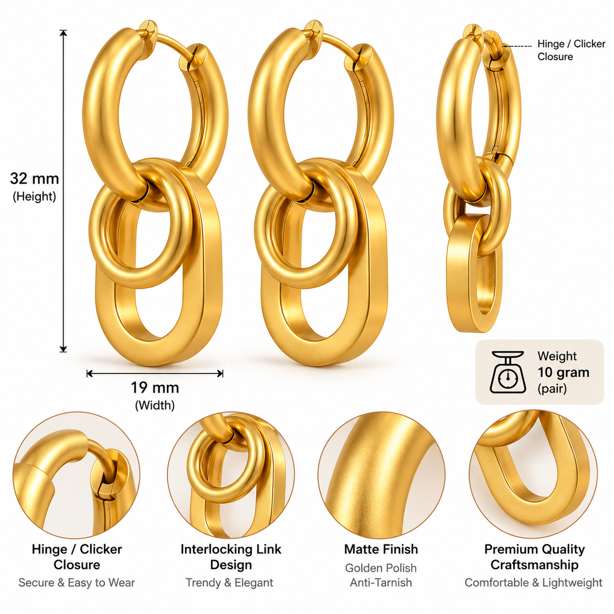 Geometric Interlocking Link Dangler Hoop Golden Earrings