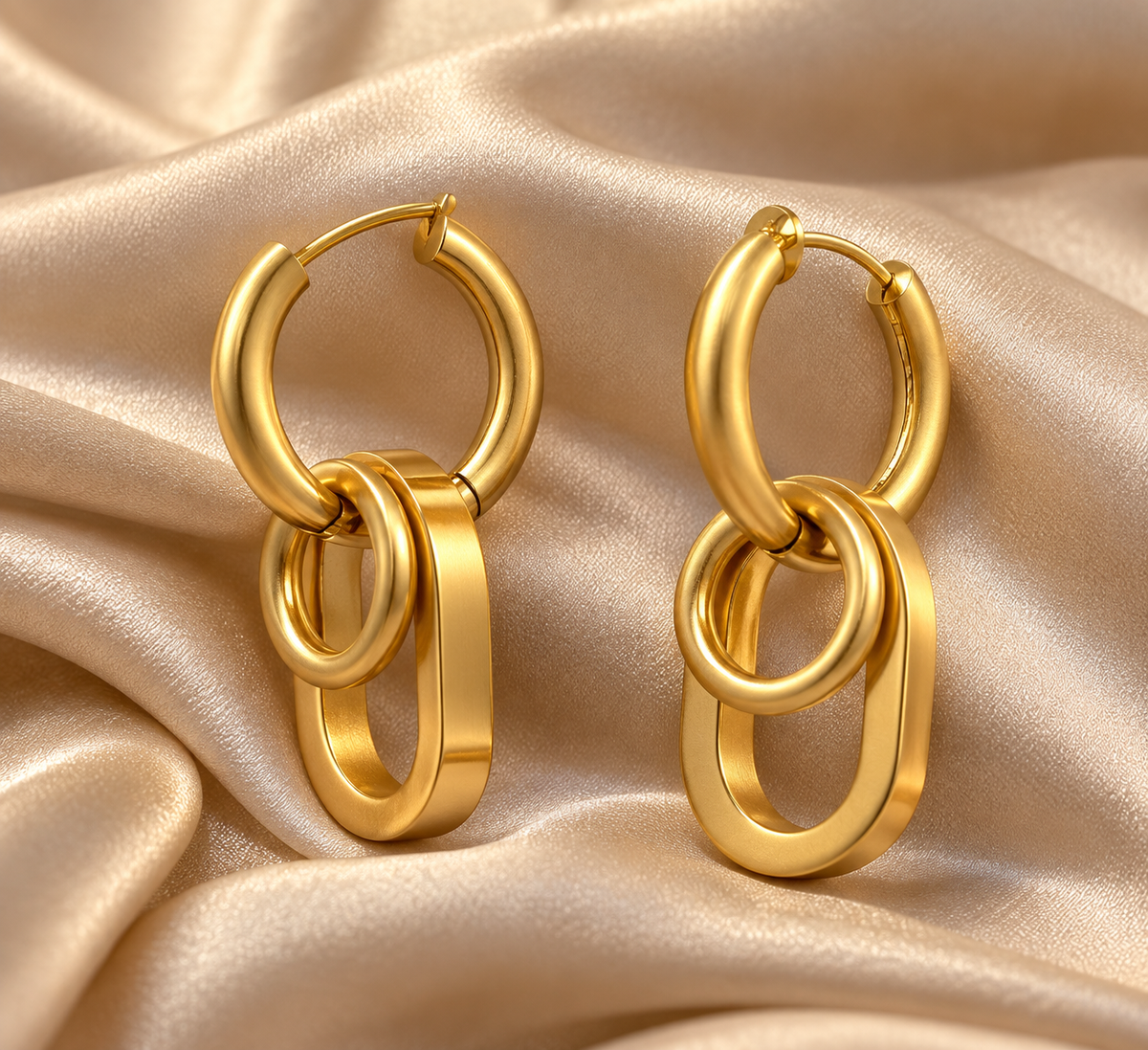 Geometric Interlocking Link Dangler Hoop Golden Earrings