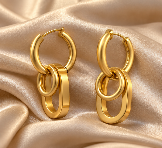 Geometric Interlocking Link Dangler Hoop Golden Earrings